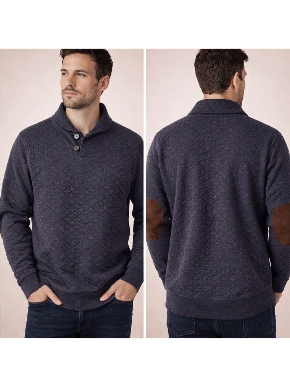 Billy Reid Diamond Quilt Shawl Pullover Men L Dark Navy Elbow Patches